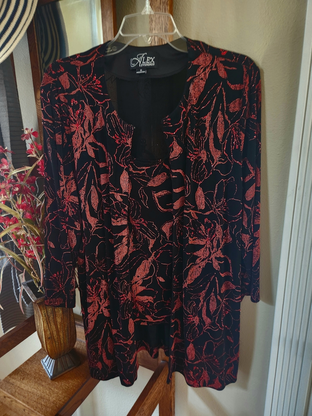 Alex Evenings Women's Black and Red Floral Cardigan Top & Jacket